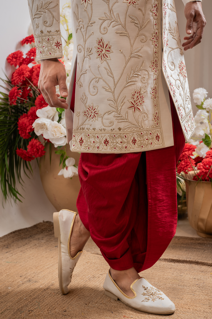 Raunak — Off-White Gold &amp; Red Thread Embroidered Floral Falling Raw Silk Sherwani