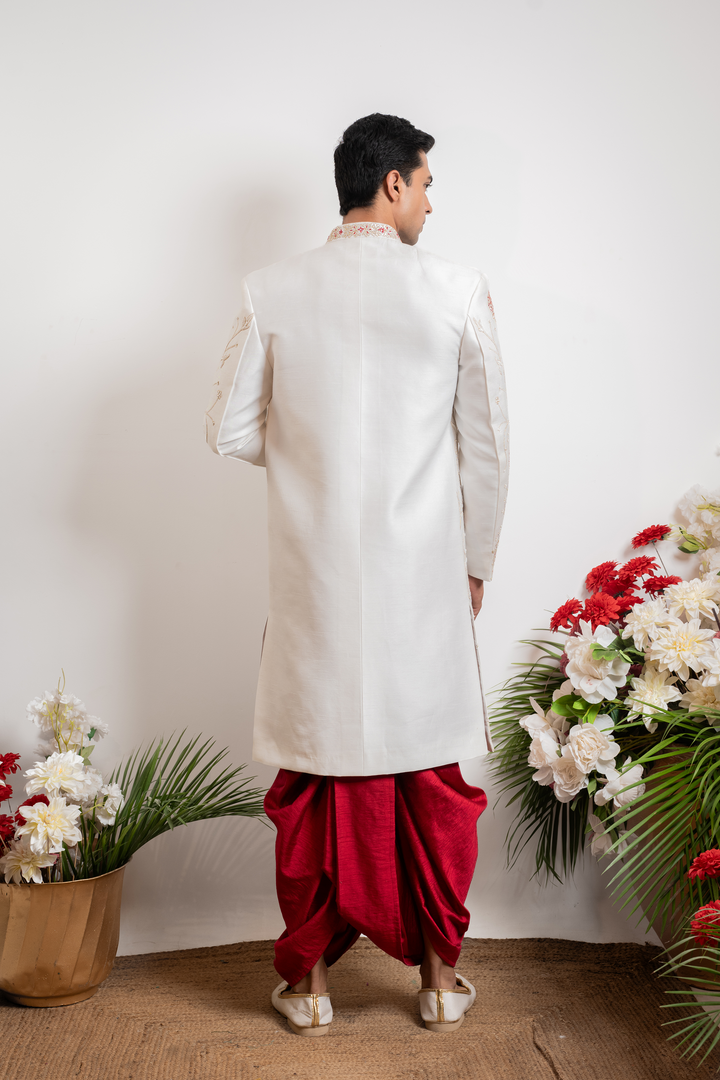 Raunak — Off-White Gold &amp; Red Thread Embroidered Floral Falling Raw Silk Sherwani