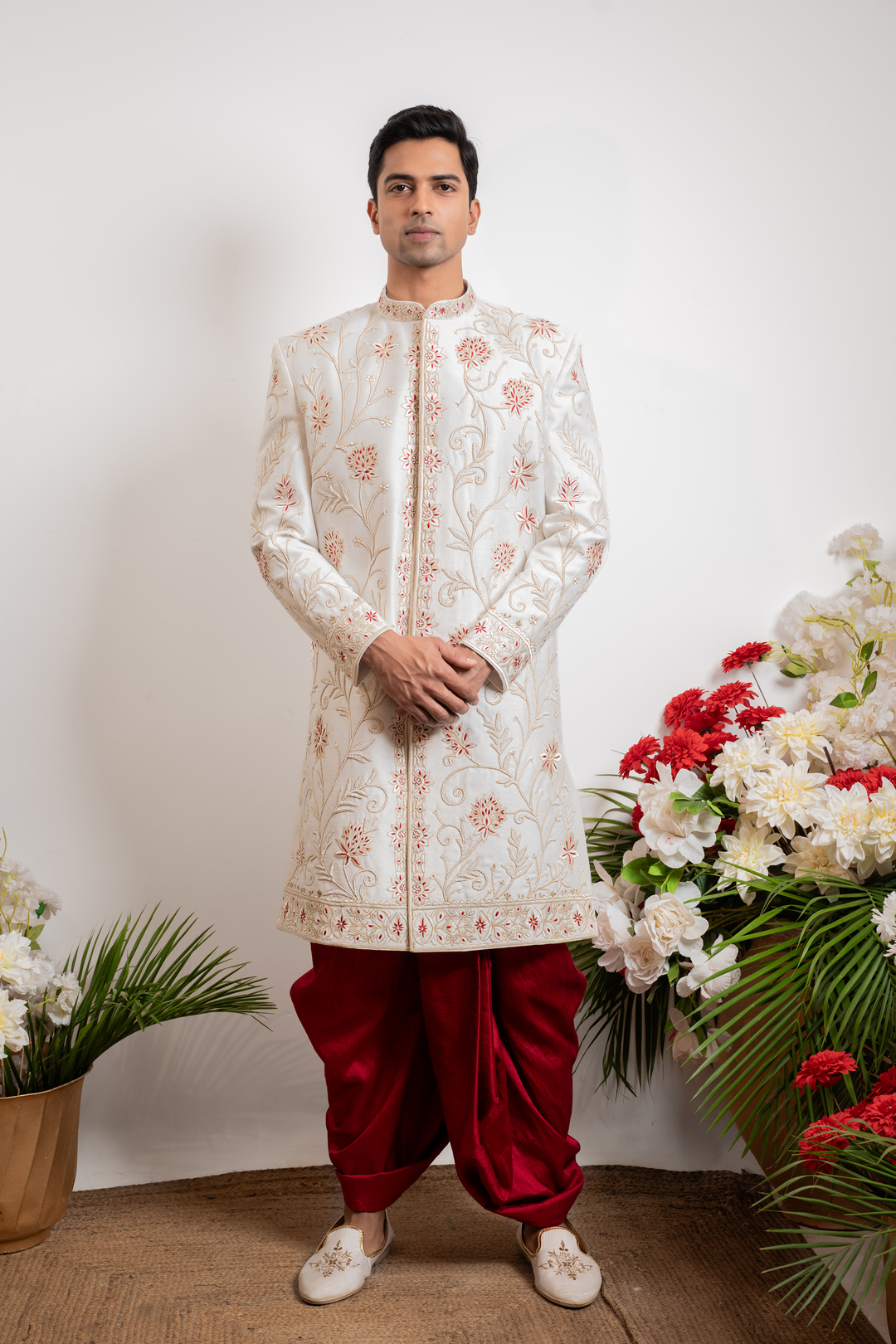Raunak — Off-White Gold &amp; Red Thread Embroidered Floral Falling Raw Silk Sherwani