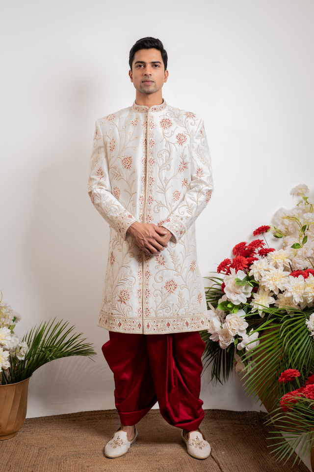 Raunak — Off-White Gold & Red Thread Embroidered Floral Falling Raw Silk Sherwani