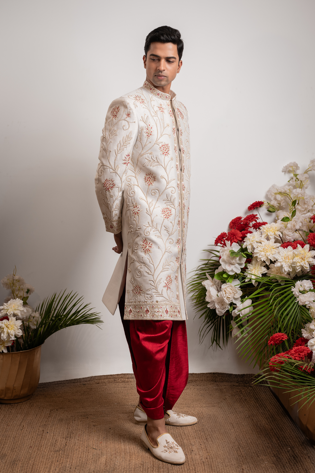 Raunak — Off-White Gold &amp; Red Thread Embroidered Floral Falling Raw Silk Sherwani