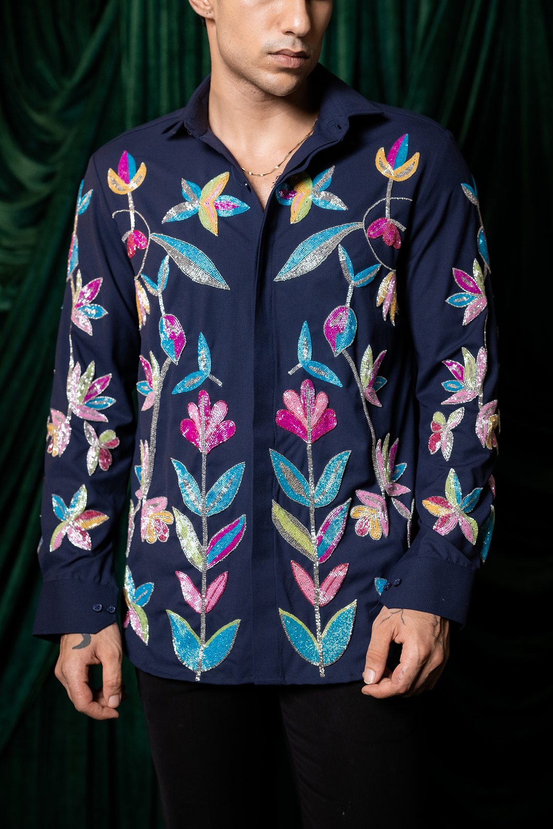 Fiesta — Midnight Blue Thread Embroidered 4-Way Stretch Shirt