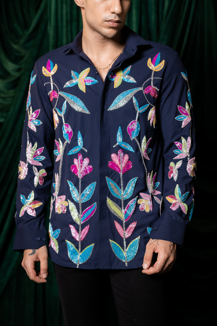 Fiesta — Midnight Blue Thread Embroidered 4-Way Stretch Shirt