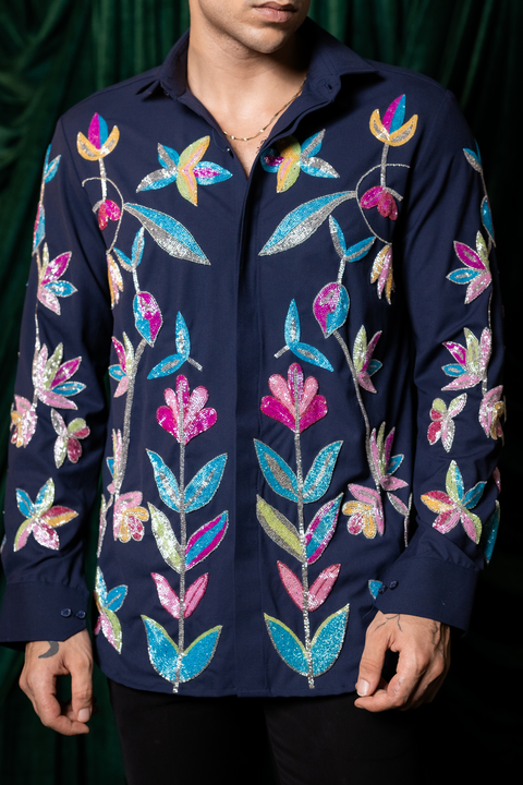 Nightbloom — Midnight Blue Hand Embroidered 4-Way Stretch Shirt