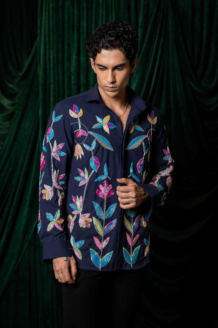 Fiesta — Midnight Blue Thread Embroidered 4-Way Stretch Shirt