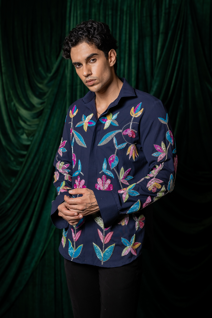 Fiesta — Midnight Blue Thread Embroidered 4-Way Stretch Shirt