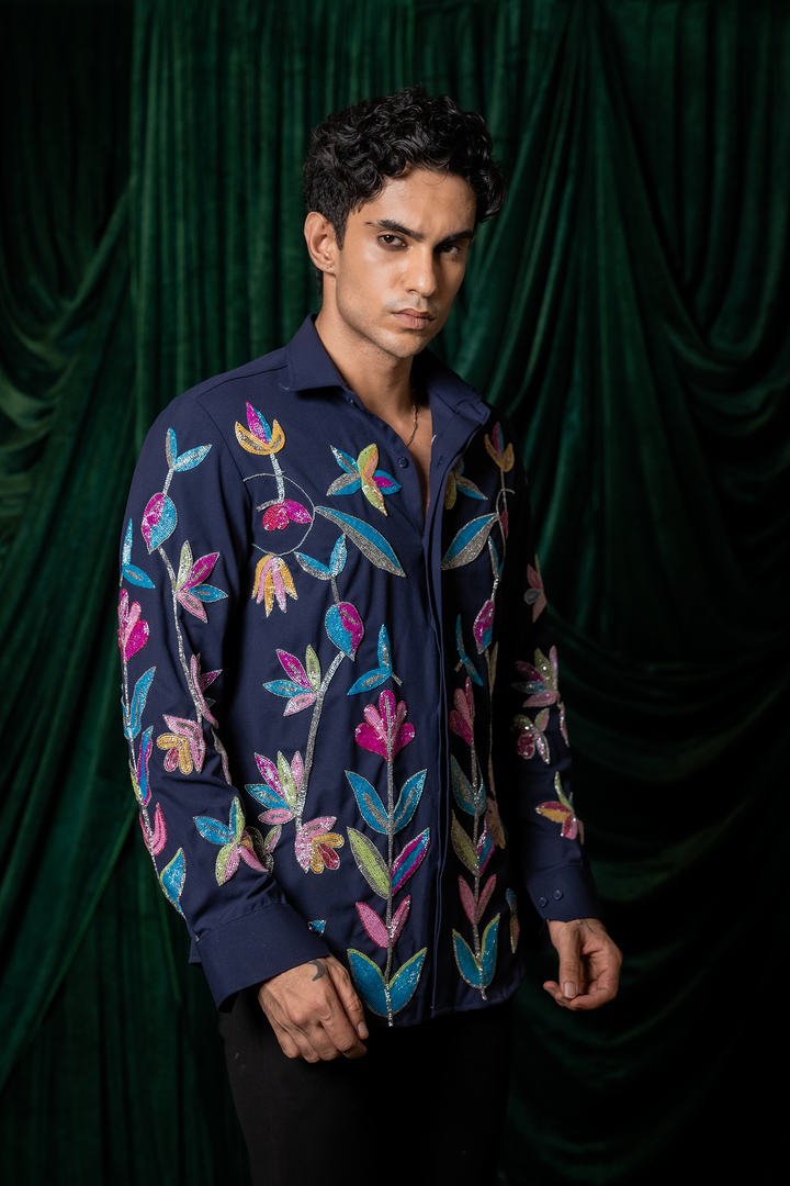 Fiesta — Midnight Blue Thread Embroidered 4-Way Stretch Shirt