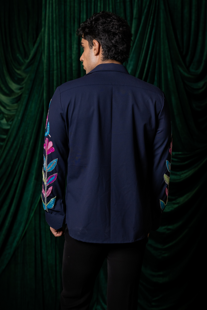 Nightbloom — Midnight Blue Hand Embroidered 4-Way Stretch Shirt