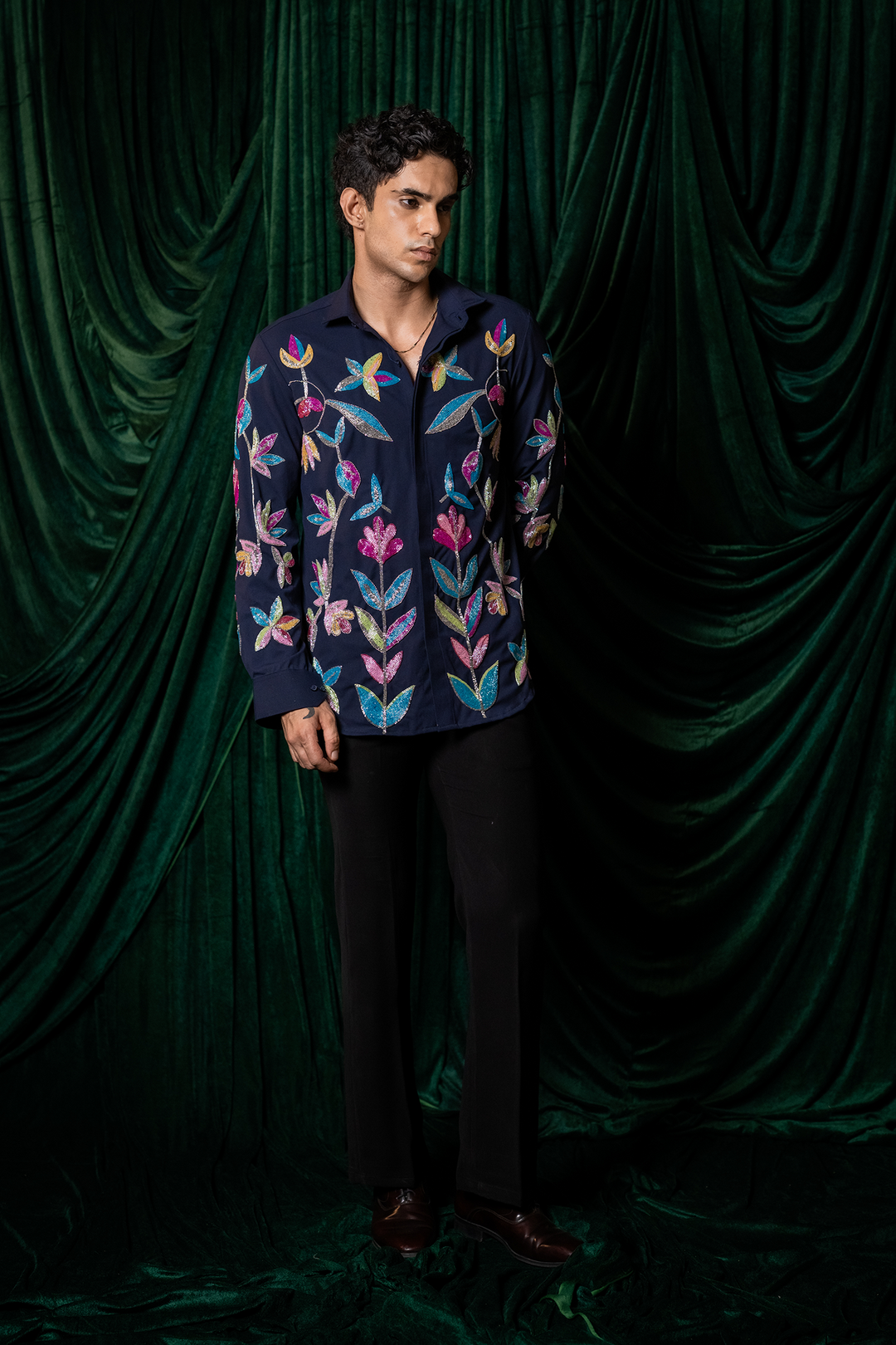 Fiesta — Midnight Blue Thread Embroidered 4-Way Stretch Shirt