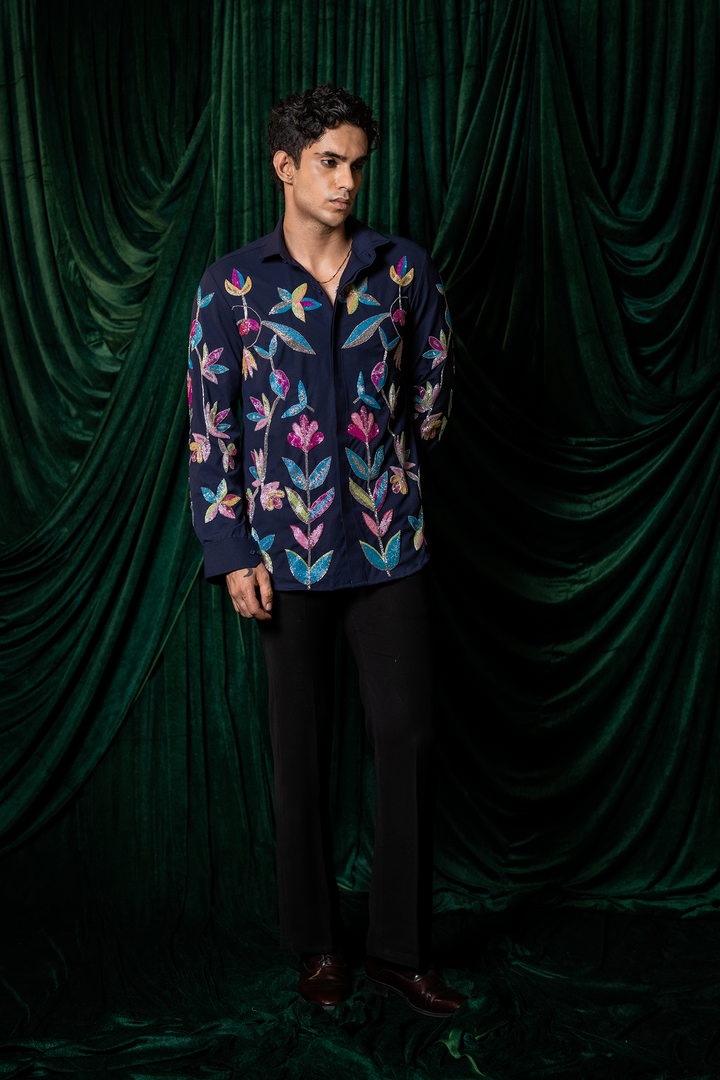 Fiesta — Midnight Blue Thread Embroidered 4-Way Stretch Shirt