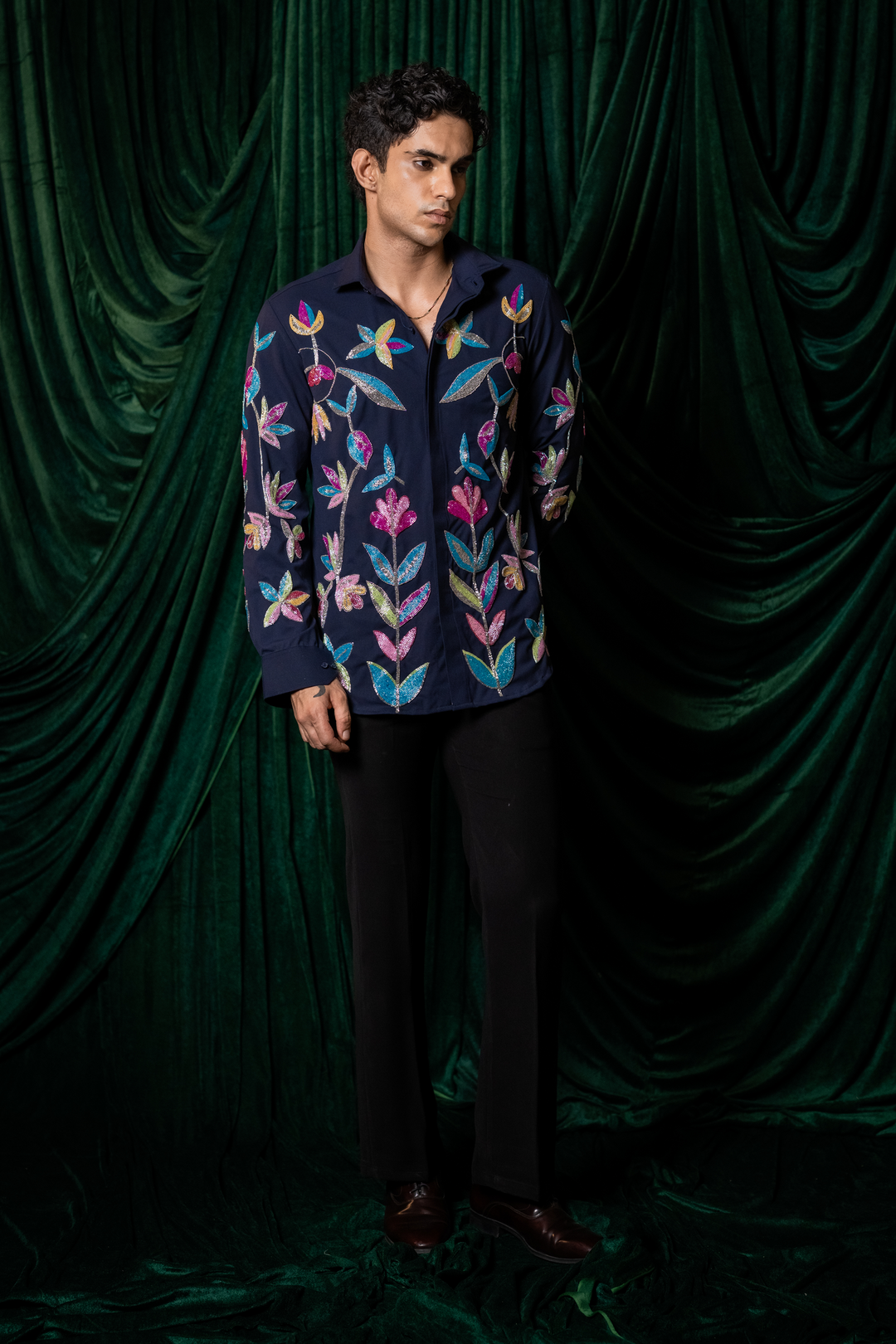 Nightbloom — Midnight Blue Hand Embroidered 4-Way Stretch Shirt