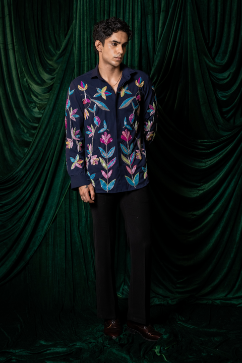 Nightbloom — Midnight Blue Hand Embroidered 4-Way Stretch Shirt
