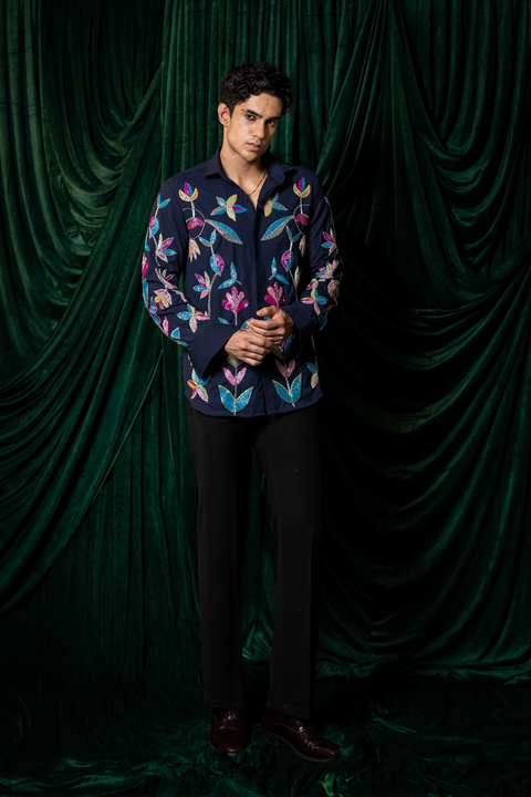Fiesta — Midnight Blue Thread Embroidered 4-Way Stretch Shirt