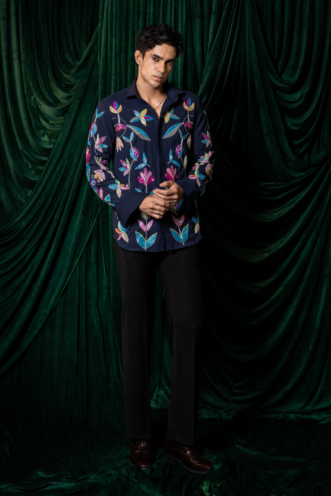 Nightbloom — Midnight Blue Hand Embroidered 4-Way Stretch Shirt