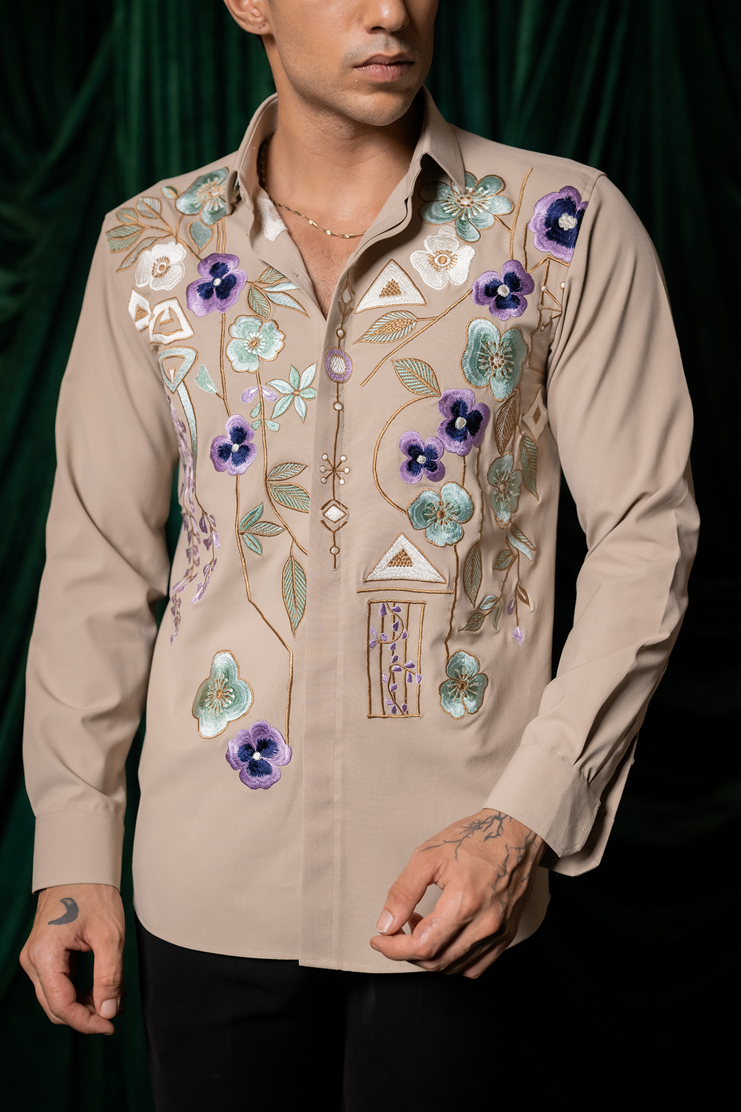 Lattice — Beige Thread Embroidered Armani Fabric Shirt