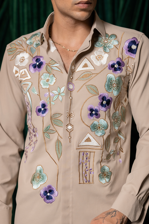 Lattice — Beige Thread Embroidered 4-Way Stretch Shirt