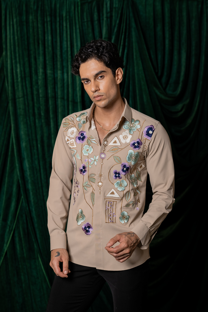 Lattice — Beige Thread Embroidered Armani Fabric Shirt