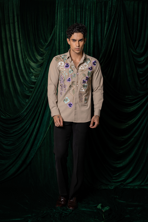 Lattice — Beige Thread Embroidered Armani Fabric Shirt