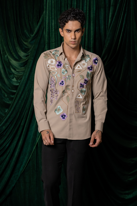 Lattice — Beige Thread Embroidered 4-Way Stretch Shirt