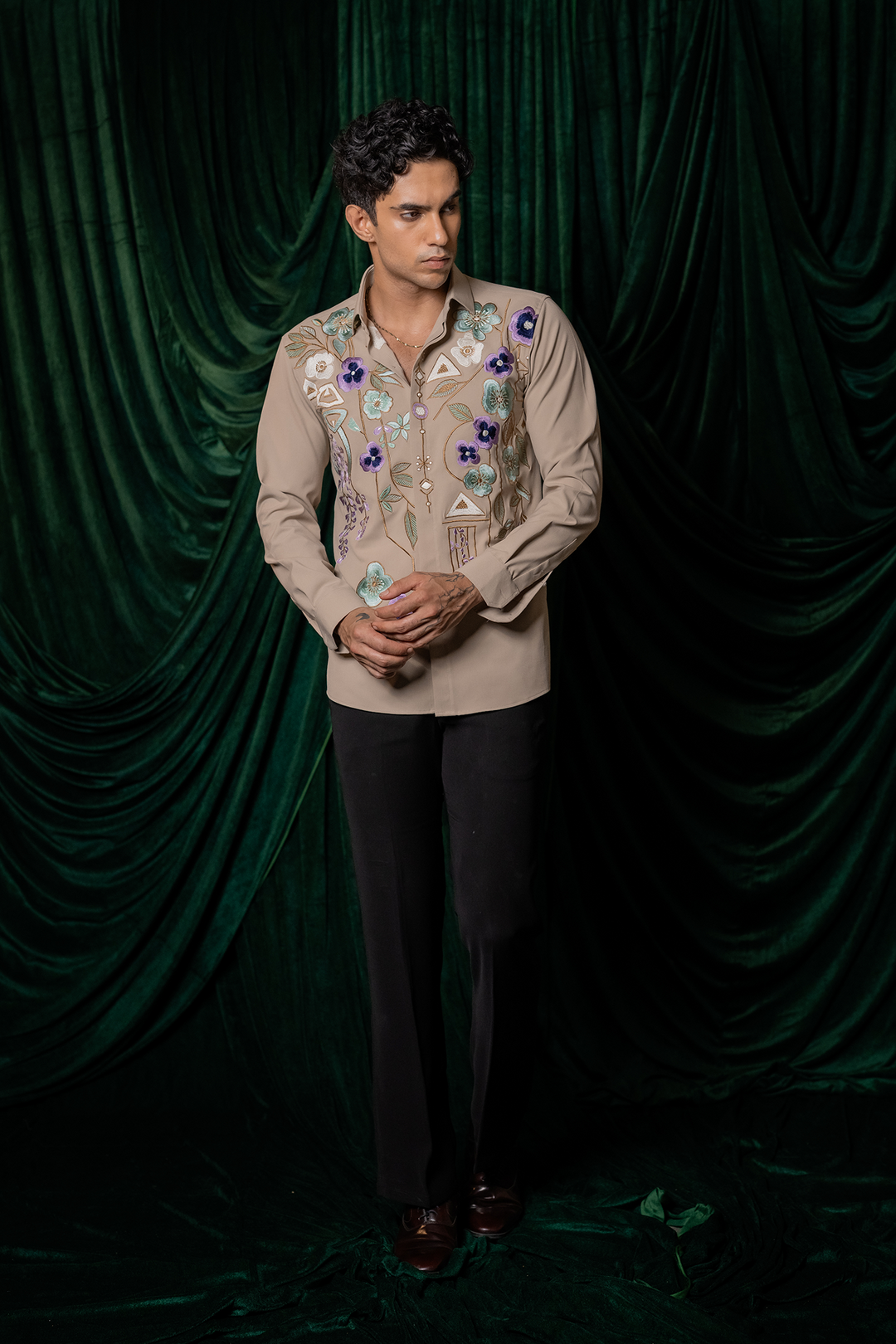 Lattice — Beige Thread Embroidered Armani Fabric Shirt