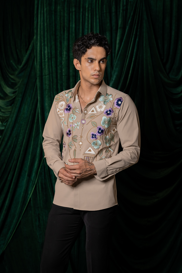 Lattice — Beige Thread Embroidered Armani Fabric Shirt