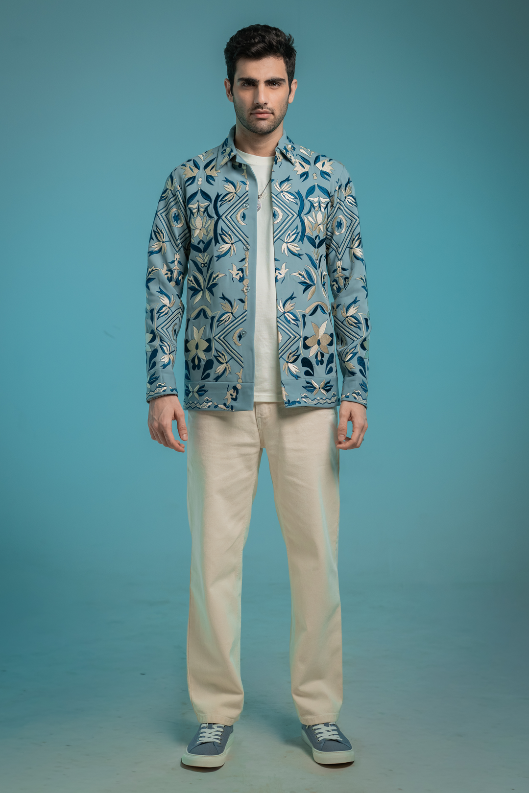 Fresco — Sea Blue Thread Embroidered Armani Fabric Shacket