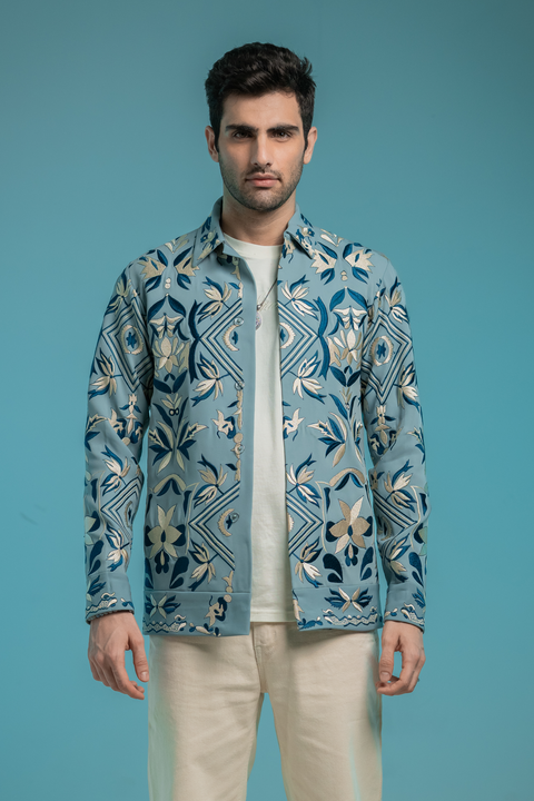 Fresco — Sea Blue Thread Embroidered Armani Fabric Shacket