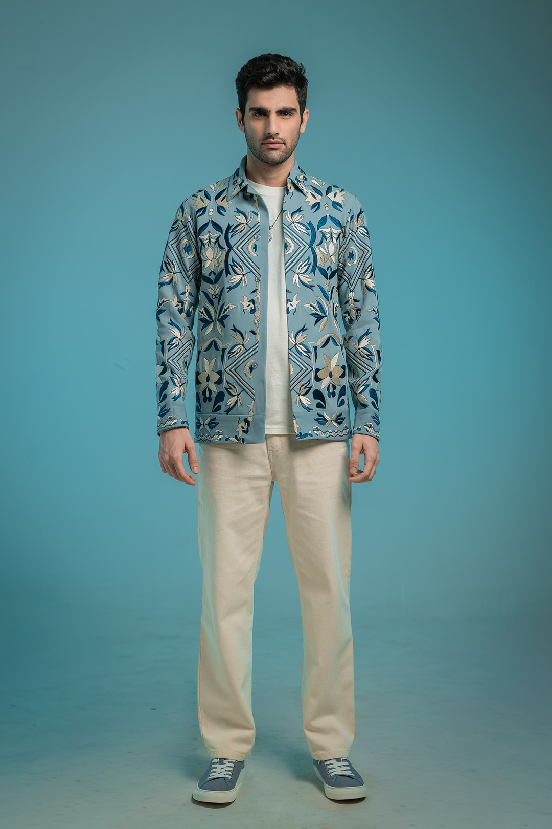 Fresco — Sea Blue Thread Embroidered Armani Fabric Shacket