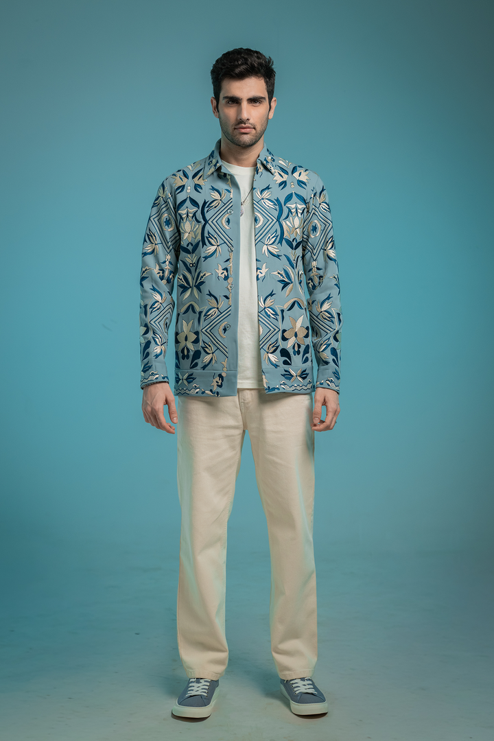 Fresco — Sea Blue Thread Embroidered Armani Fabric Shacket