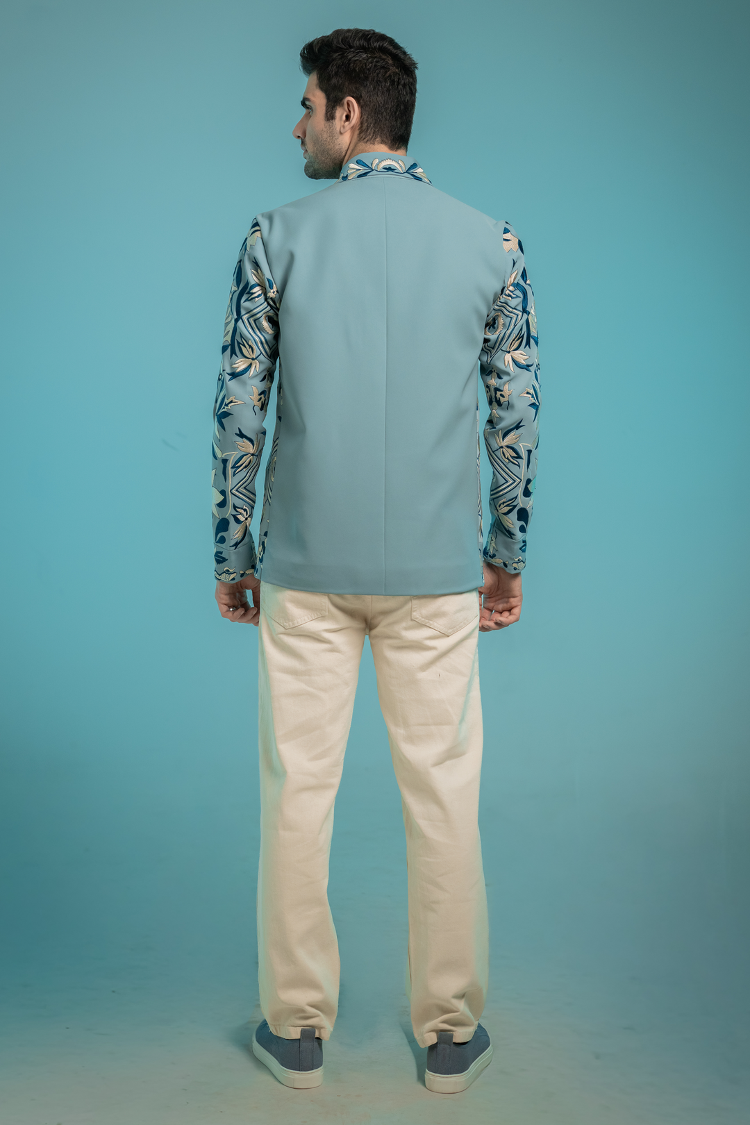 Fresco — Sea Blue Thread Embroidered Armani Fabric Shacket