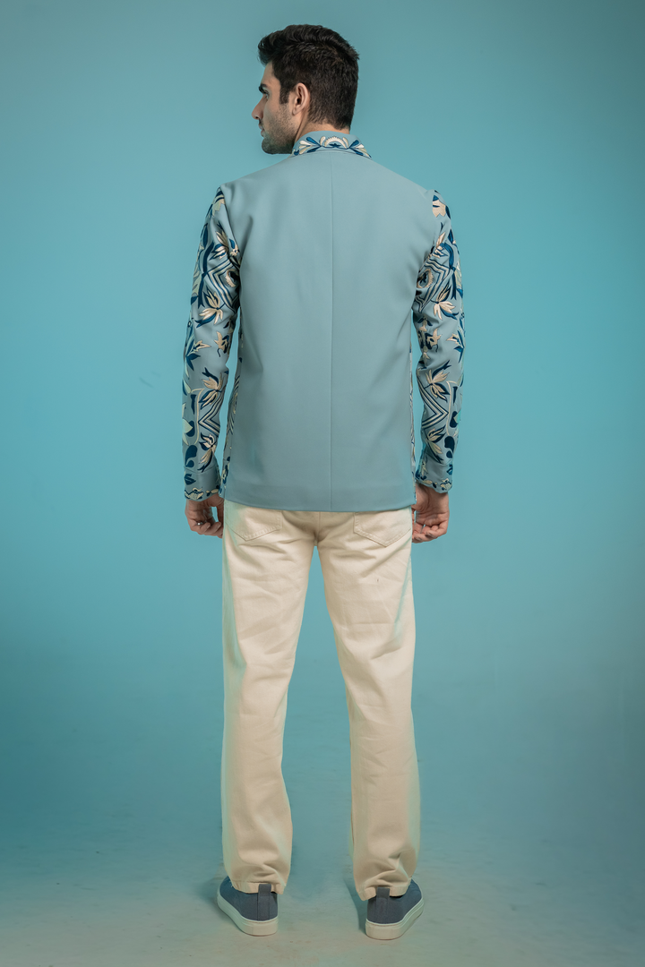 Fresco — Sea Blue Thread Embroidered Armani Fabric Shacket