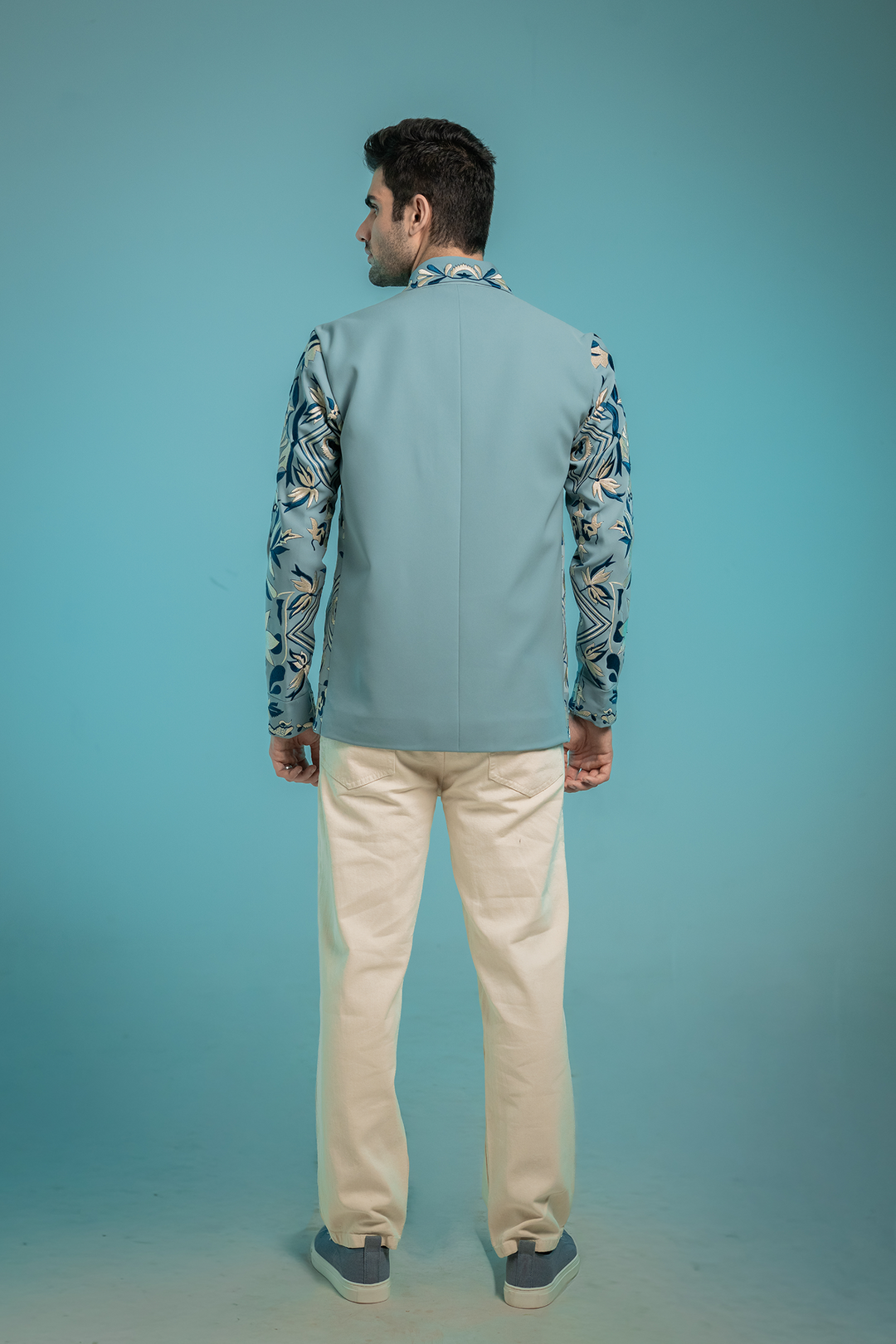Fresco — Sea Blue Thread Embroidered Armani Fabric Shacket