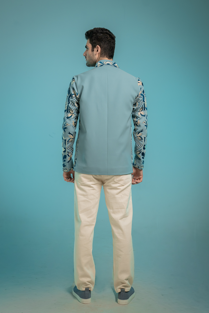 Fresco — Sea Blue Thread Embroidered Armani Fabric Shacket