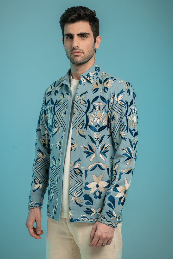Fresco — Sea Blue Thread Embroidered Armani Fabric Shacket