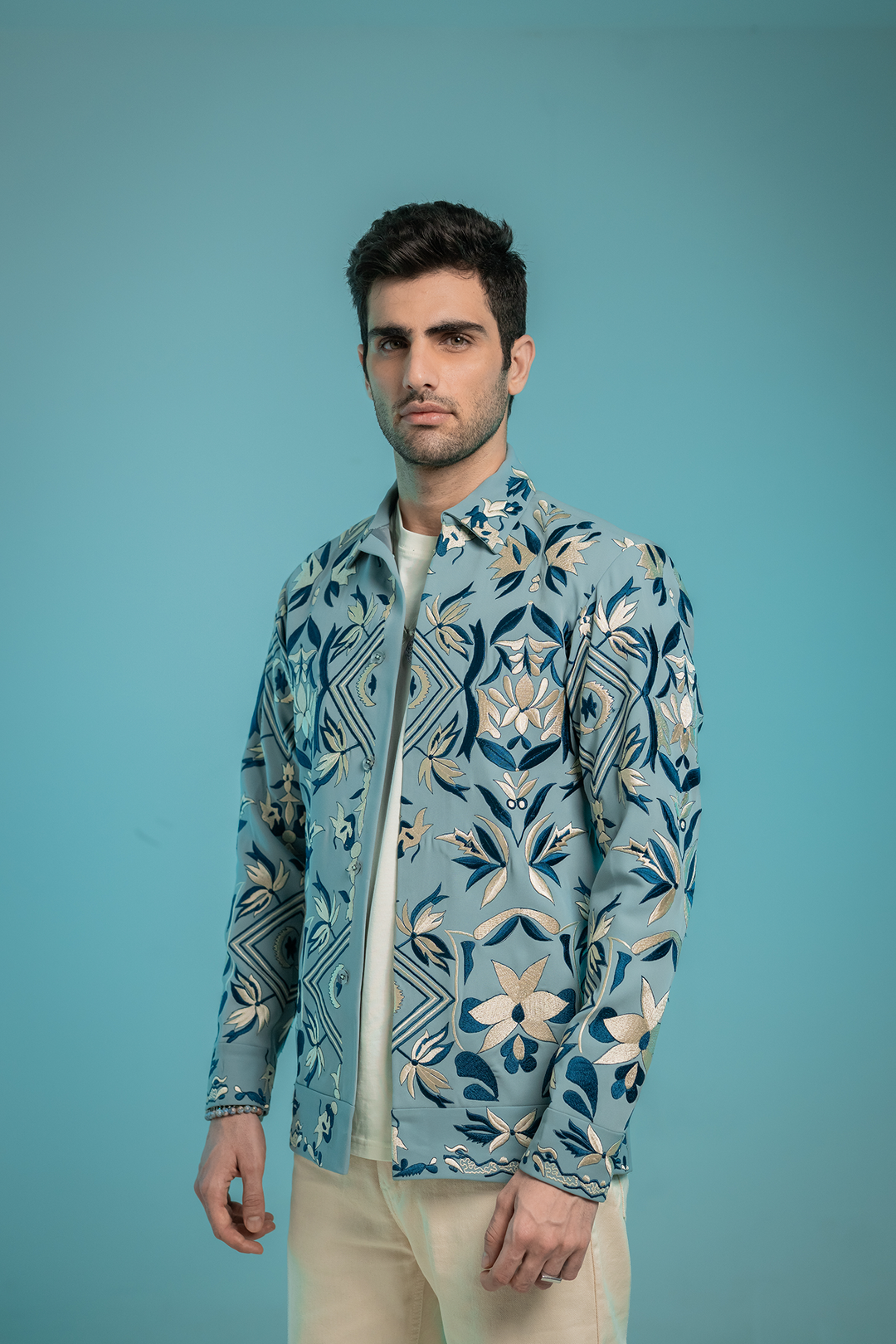 Fresco — Sea Blue Thread Embroidered Armani Fabric Shacket