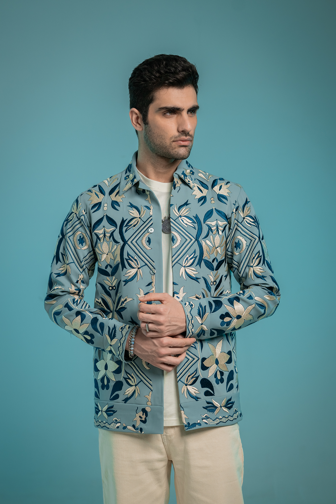Fresco — Sea Blue Thread Embroidered Armani Fabric Shacket