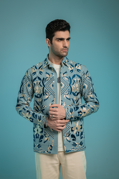 Fresco — Sea Blue Thread Embroidered Armani Fabric Shacket