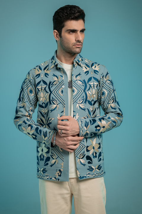 Fresco — Sea Blue Thread Embroidered Armani Fabric Shacket