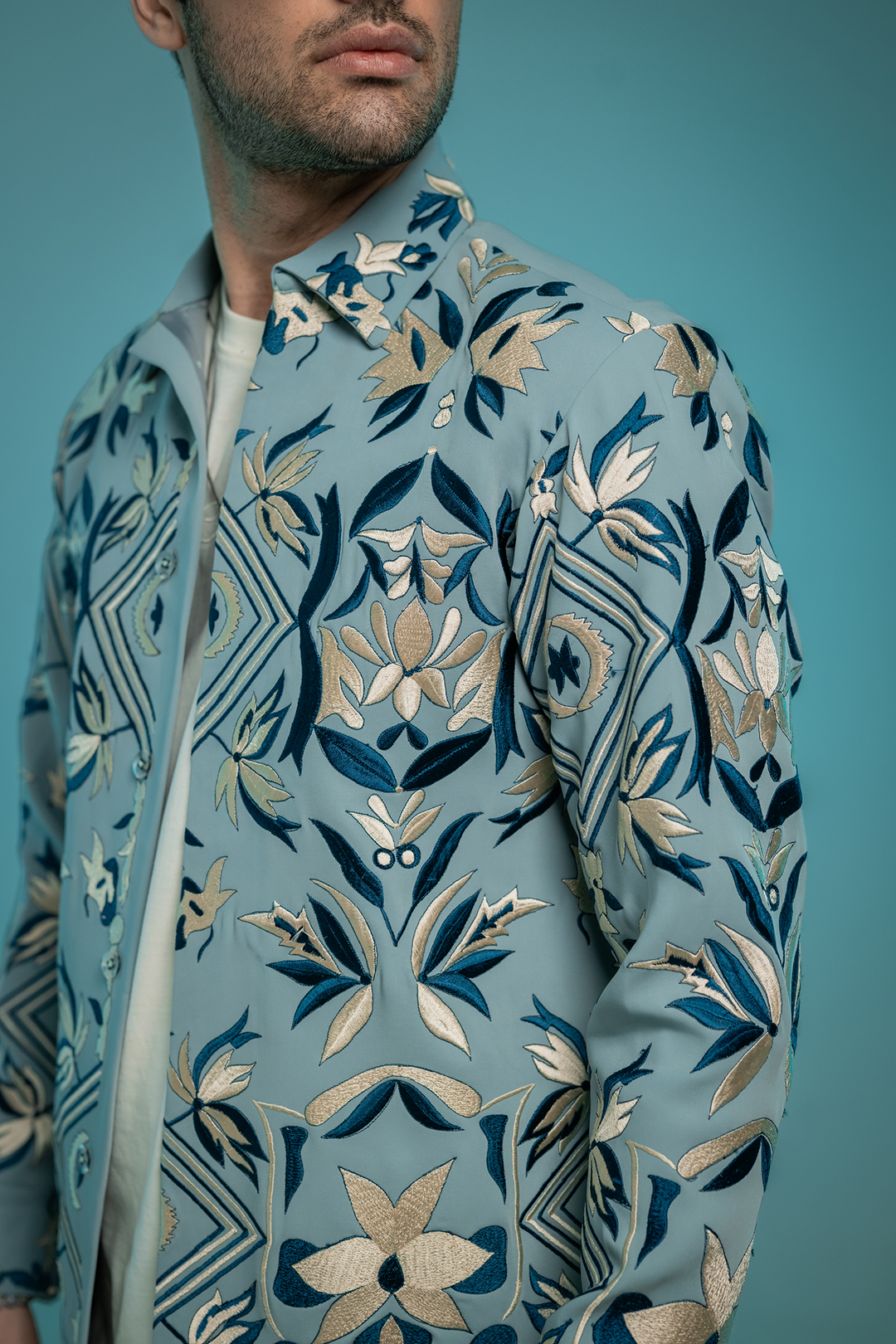 Fresco — Sea Blue Thread Embroidered Armani Fabric Shacket
