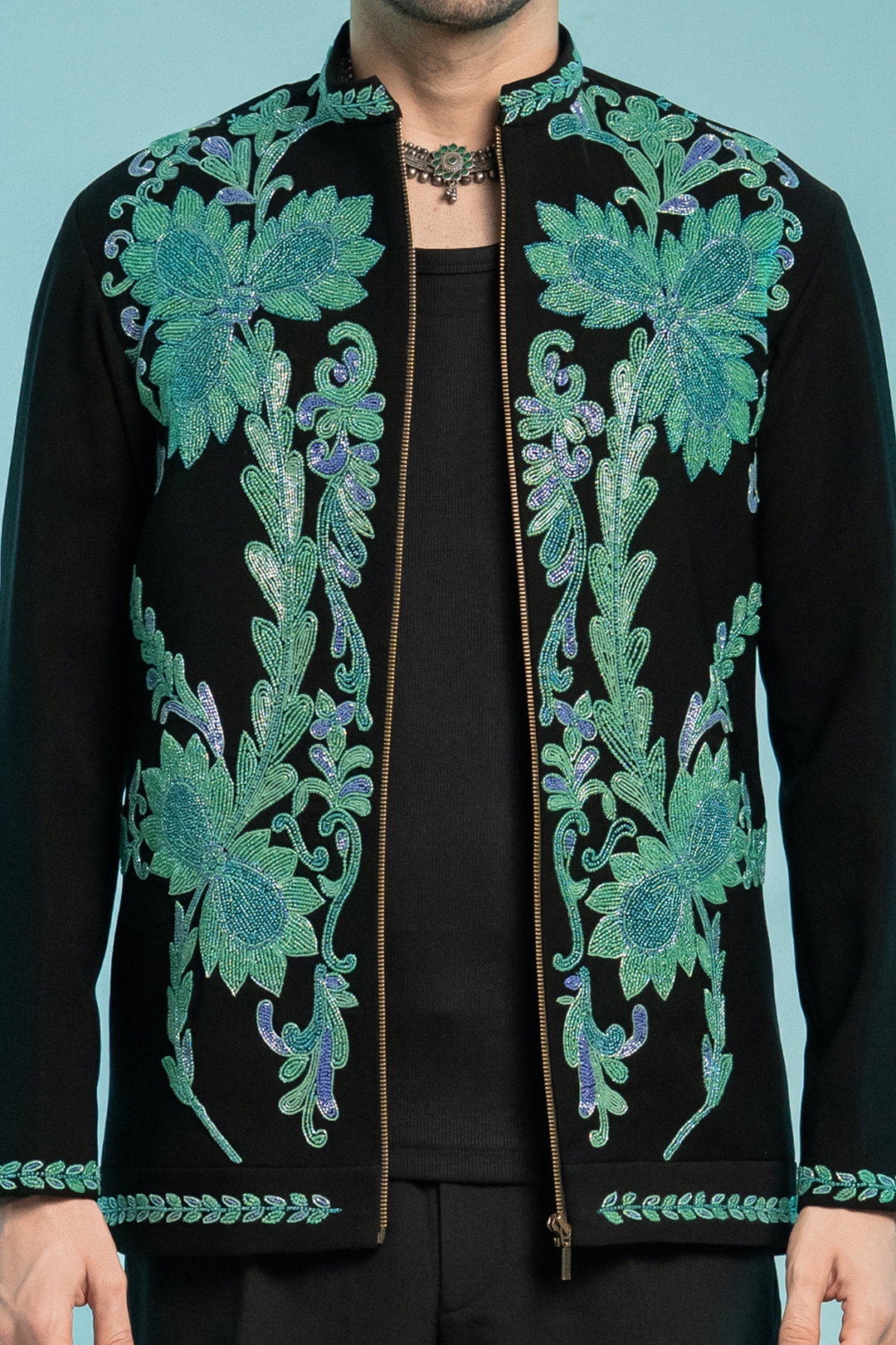 Aegean — Teal Hand Embroidered Armani Fabric Shacket