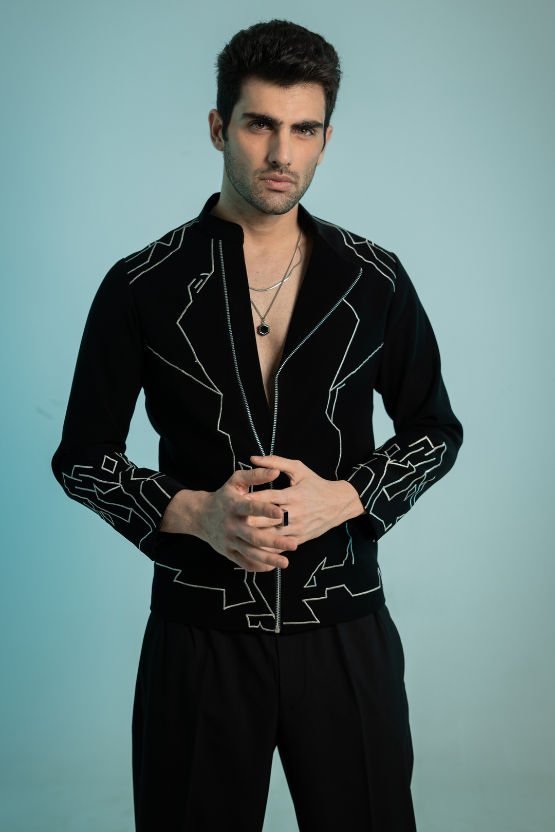 Contour — Black Thread Embroidered Armani Fabric Shacket