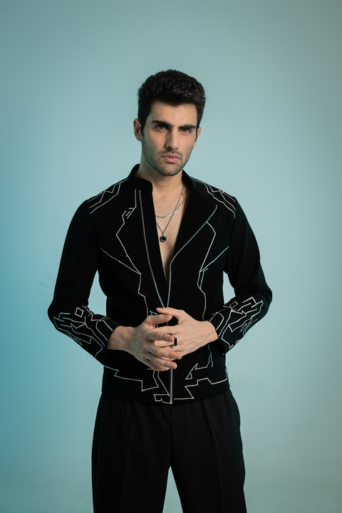 Contour — Black Architectural Embroidered Armani Fabric Shacket
