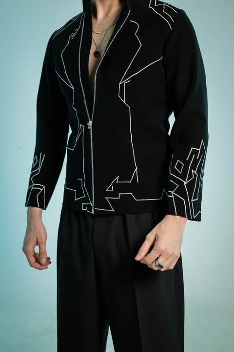 Contour — Black Architectural Embroidered Armani Fabric Shacket