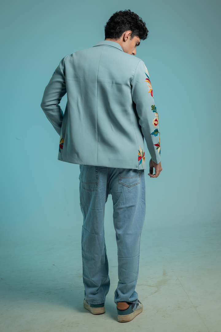 Halcyon — Sky Blue Thread Embroidered Armani Fabric Shacket