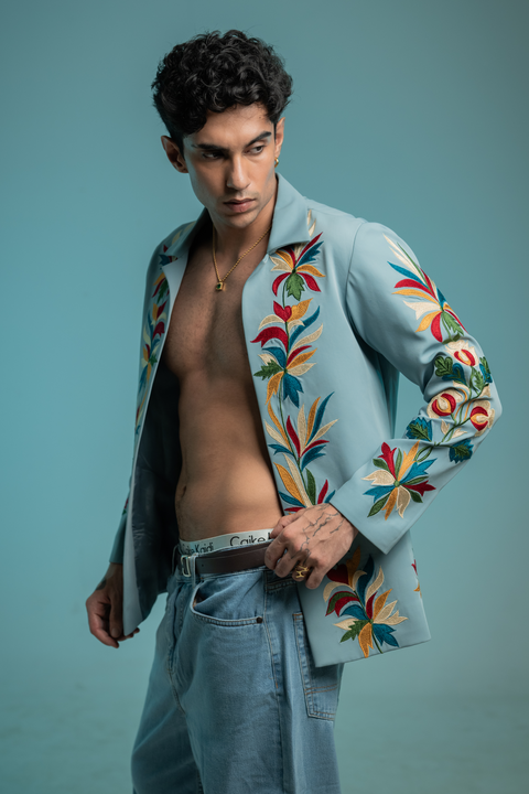 Halcyon — Sky Blue Thread Embroidered Armani Fabric Shacket