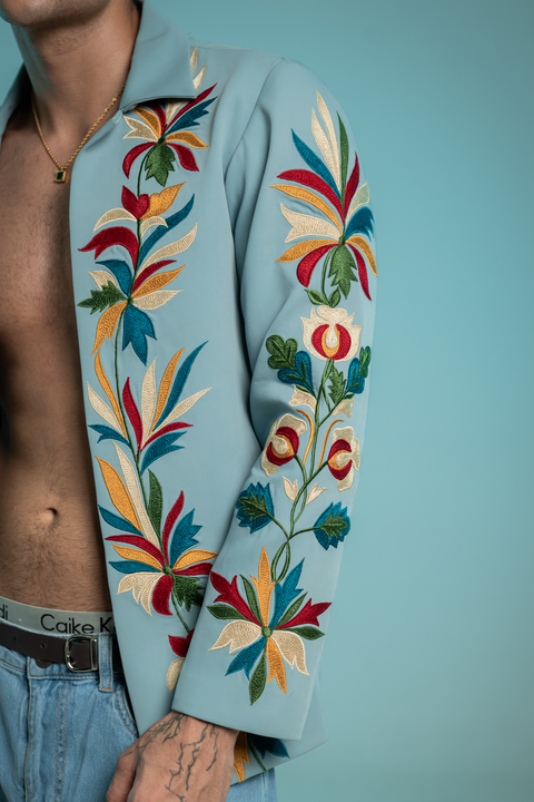 Halcyon — Sky Blue Thread Embroidered Armani Fabric Shacket