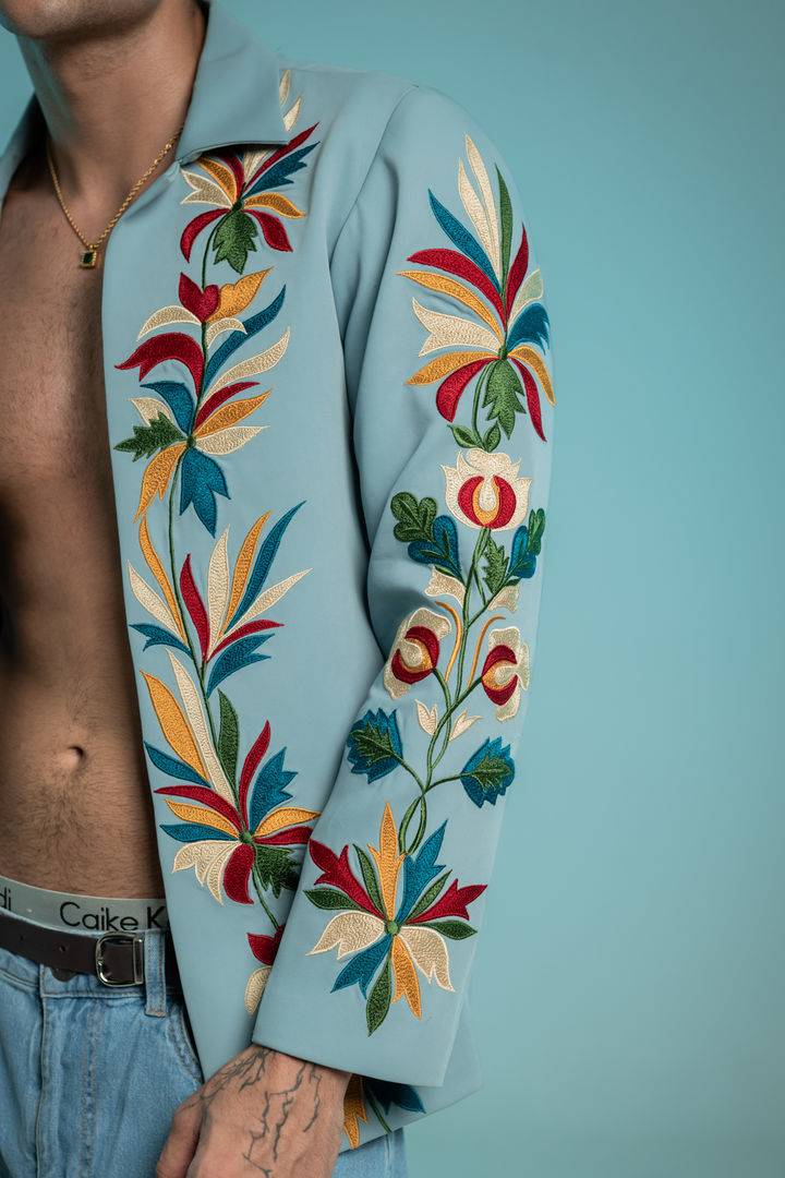 Halcyon — Sky Blue Thread Embroidered Armani Fabric Shacket