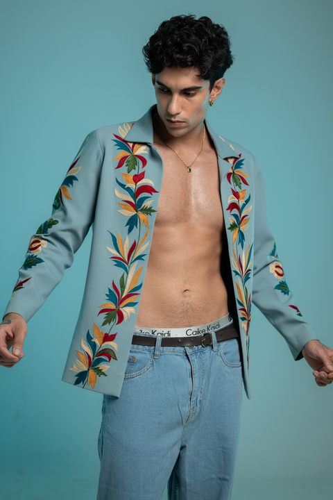 Halcyon — Sky Blue Thread Embroidered Armani Fabric Shacket