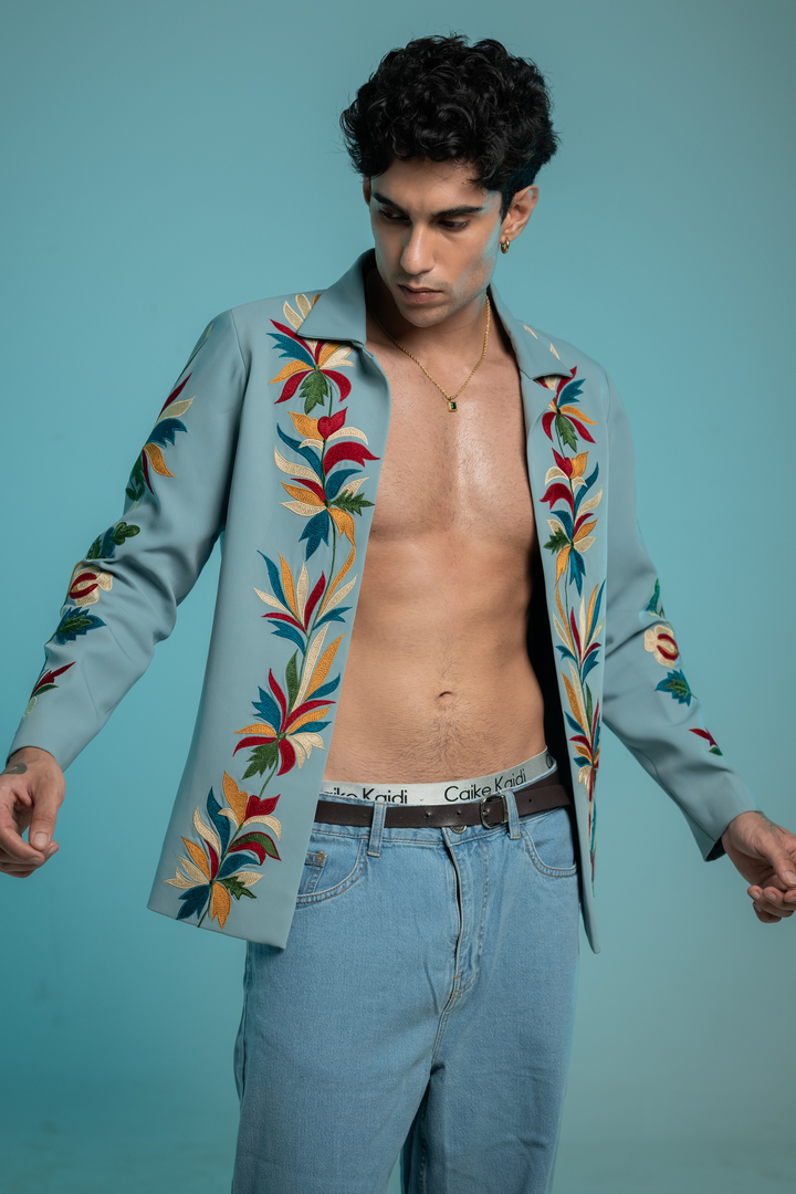 Halcyon — Sky Blue Thread Embroidered Armani Fabric Shacket