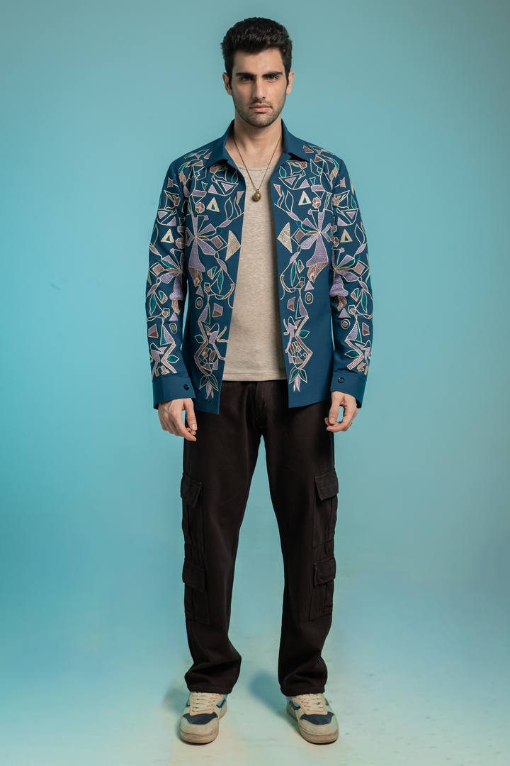 Savio — Sea Blue Thread Embroidered 4-Way Stretch Shacket